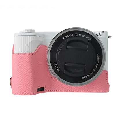 For Sony ZV-E10 II Textured PU Leather Camera Case with Battery Hole + Strap + Lens Storage Bag