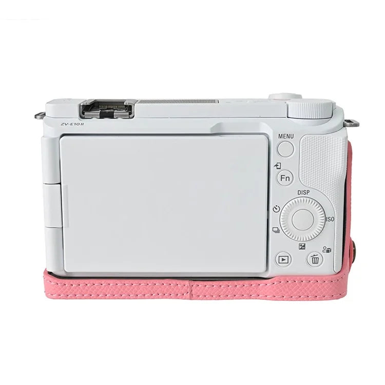 For Sony ZV-E10 II Textured PU Leather Camera Case with Battery Hole + Strap + Lens Storage Bag