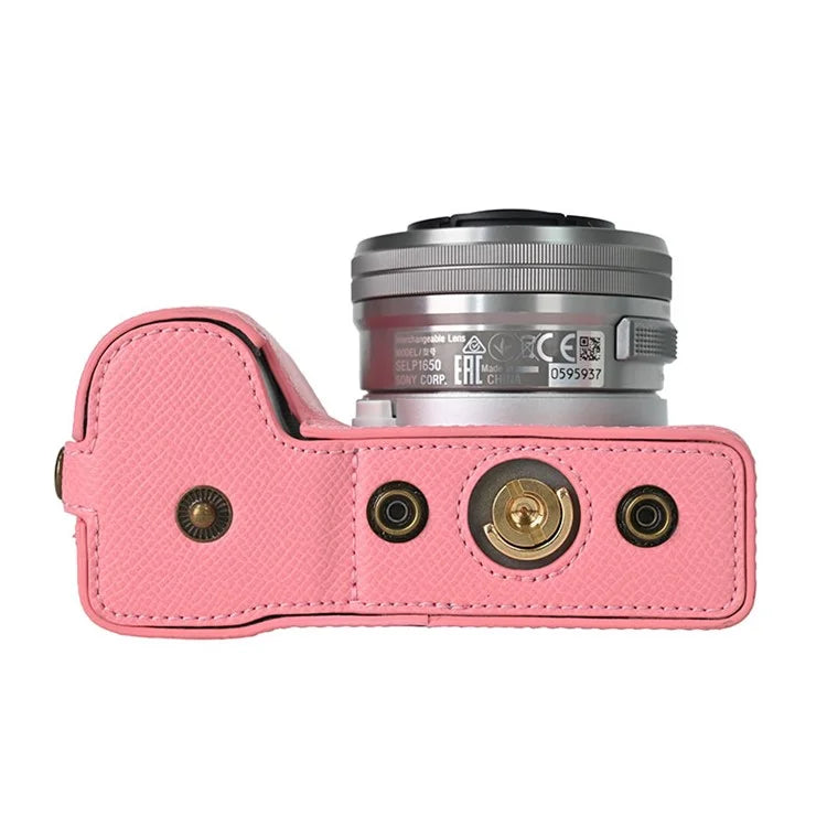 For Sony ZV-E10 II Textured PU Leather Camera Case with Battery Hole + Strap + Lens Storage Bag
