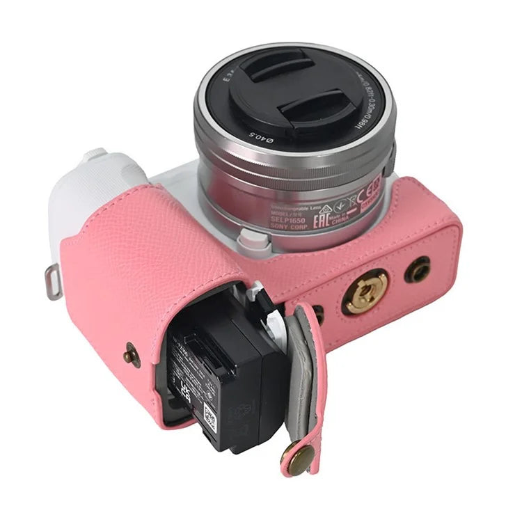 For Sony ZV-E10 II Textured PU Leather Camera Case with Battery Hole + Strap + Lens Storage Bag
