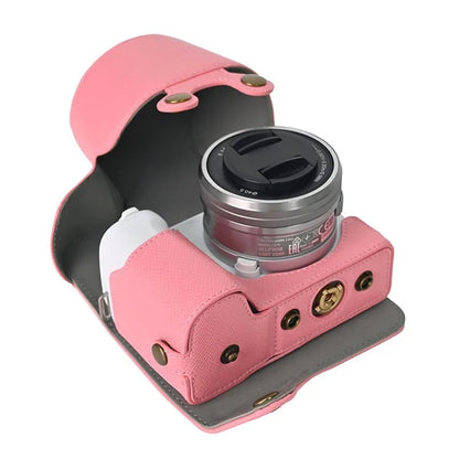 For Sony ZV-E10 II Textured PU Leather Camera Case with Battery Hole + Strap + Lens Storage Bag