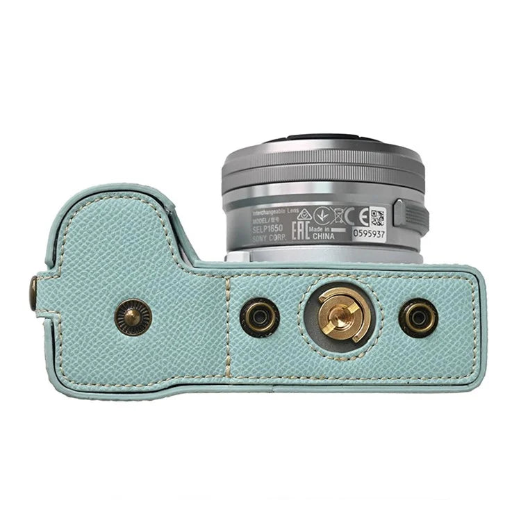 For Sony ZV-E10 II Textured PU Leather Camera Case with Battery Hole + Strap + Lens Storage Bag