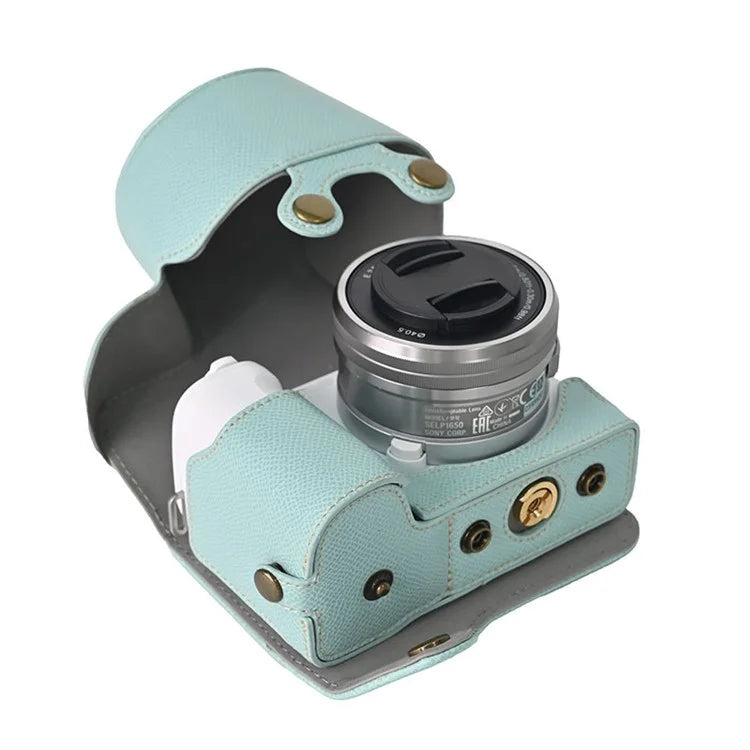 For Sony ZV-E10 II Textured PU Leather Camera Case with Battery Hole + Strap + Lens Storage Bag