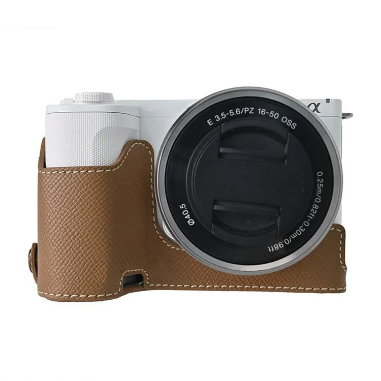 For Sony ZV-E10 II Textured PU Leather Camera Case with Battery Hole + Strap + Lens Storage Bag
