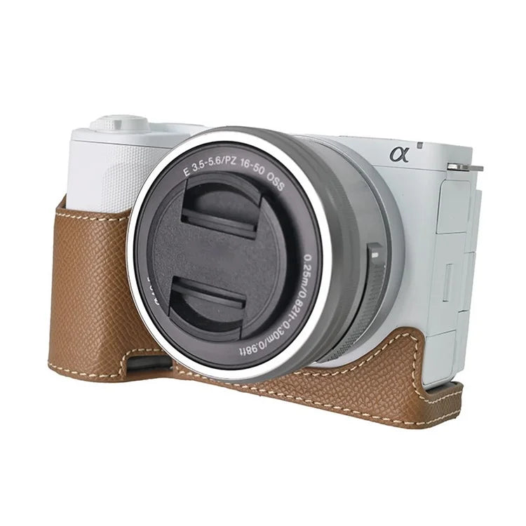 For Sony ZV-E10 II Textured PU Leather Camera Case with Battery Hole + Strap + Lens Storage Bag