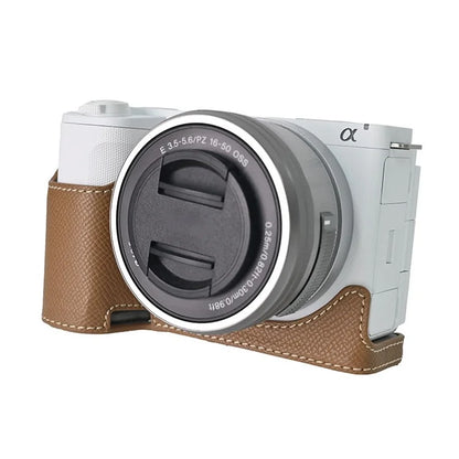 For Sony ZV-E10 II Textured PU Leather Camera Case with Battery Hole + Strap + Lens Storage Bag