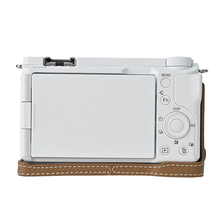 For Sony ZV-E10 II Textured PU Leather Camera Case with Battery Hole + Strap + Lens Storage Bag