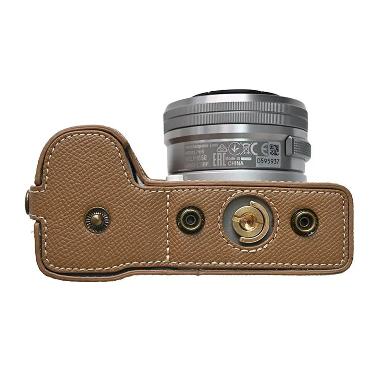 For Sony ZV-E10 II Textured PU Leather Camera Case with Battery Hole + Strap + Lens Storage Bag