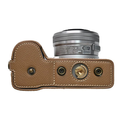 For Sony ZV-E10 II Textured PU Leather Camera Case with Battery Hole + Strap + Lens Storage Bag