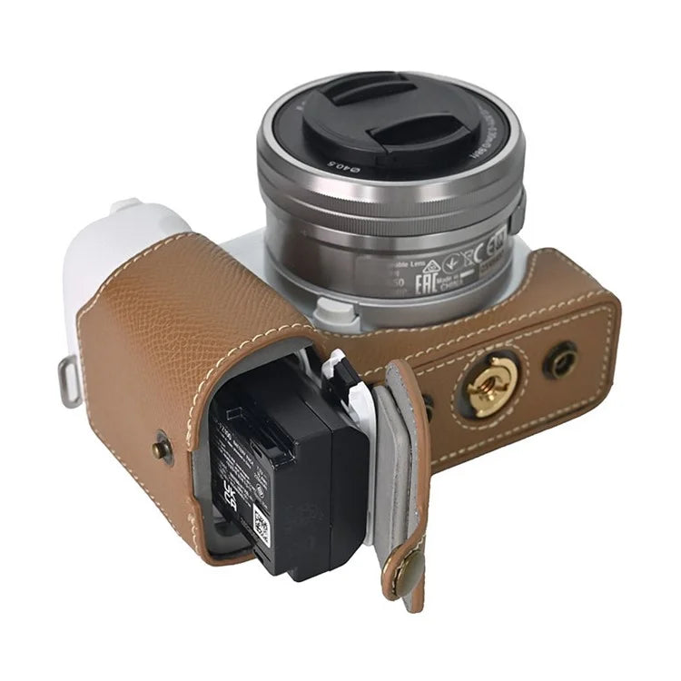 For Sony ZV-E10 II Textured PU Leather Camera Case with Battery Hole + Strap + Lens Storage Bag
