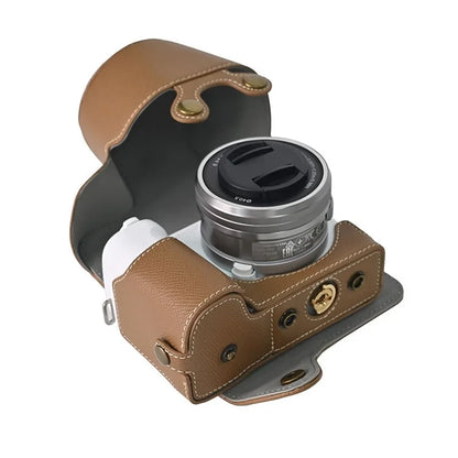 For Sony ZV-E10 II Textured PU Leather Camera Case with Battery Hole + Strap + Lens Storage Bag