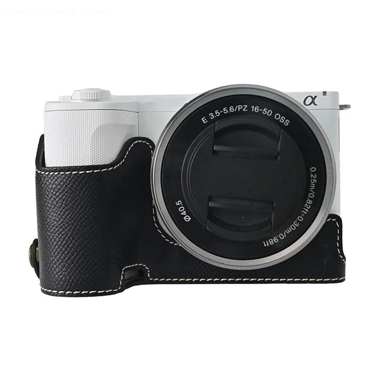 For Sony ZV-E10 II Textured PU Leather Camera Case with Battery Hole + Strap + Lens Storage Bag