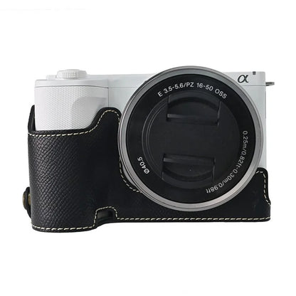 For Sony ZV-E10 II Textured PU Leather Camera Case with Battery Hole + Strap + Lens Storage Bag