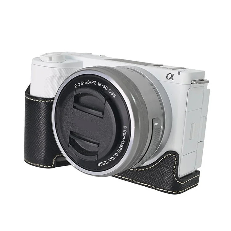 For Sony ZV-E10 II Textured PU Leather Camera Case with Battery Hole + Strap + Lens Storage Bag