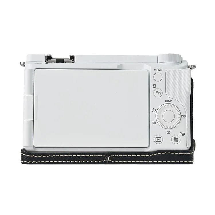 For Sony ZV-E10 II Textured PU Leather Camera Case with Battery Hole + Strap + Lens Storage Bag