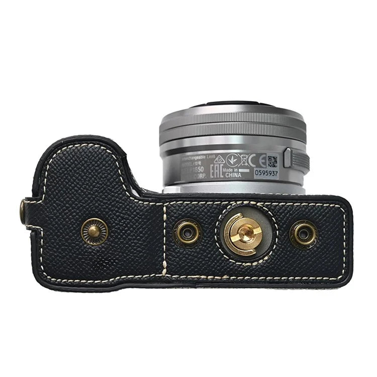For Sony ZV-E10 II Textured PU Leather Camera Case with Battery Hole + Strap + Lens Storage Bag