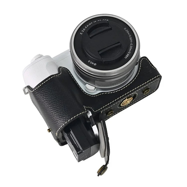 For Sony ZV-E10 II Textured PU Leather Camera Case with Battery Hole + Strap + Lens Storage Bag
