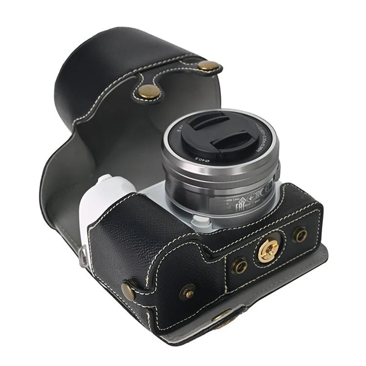 For Sony ZV-E10 II Textured PU Leather Camera Case with Battery Hole + Strap + Lens Storage Bag