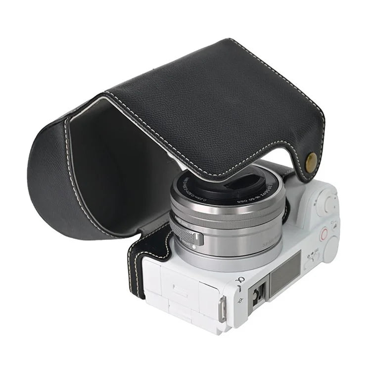 For Sony ZV-E10 II Textured PU Leather Camera Case with Battery Hole + Strap + Lens Storage Bag