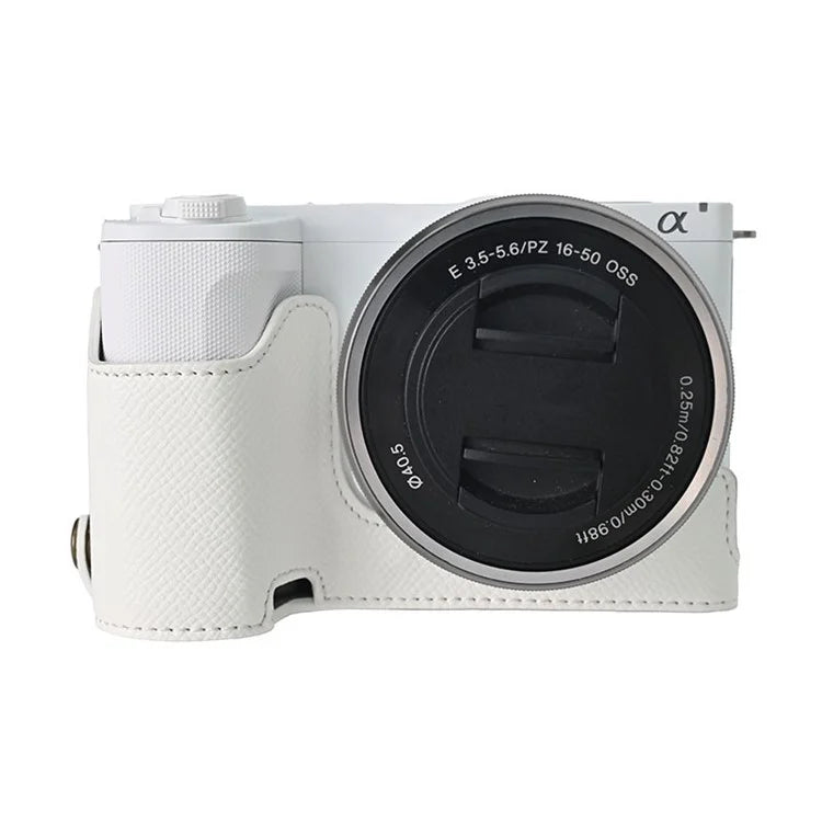For Sony ZV-E10 II Textured PU Leather Camera Case with Battery Hole + Strap + Lens Storage Bag
