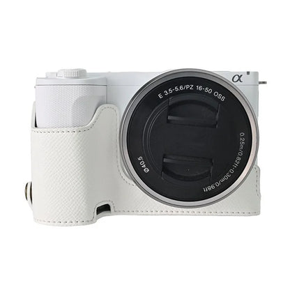 For Sony ZV-E10 II Textured PU Leather Camera Case with Battery Hole + Strap + Lens Storage Bag