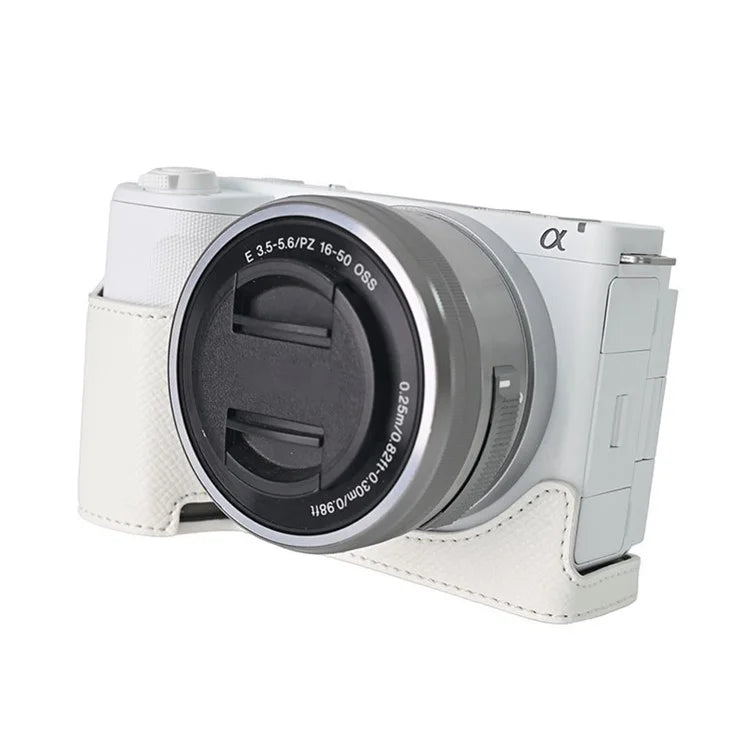 For Sony ZV-E10 II Textured PU Leather Camera Case with Battery Hole + Strap + Lens Storage Bag