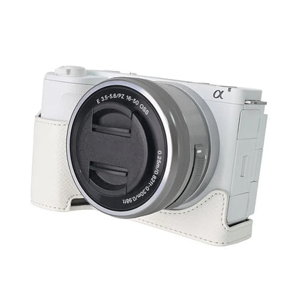 For Sony ZV-E10 II Textured PU Leather Camera Case with Battery Hole + Strap + Lens Storage Bag