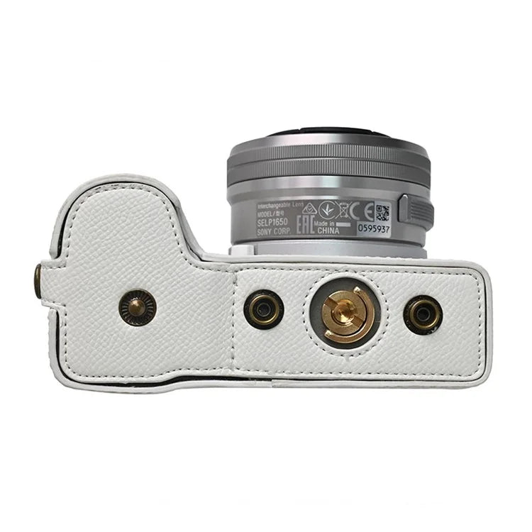 For Sony ZV-E10 II Textured PU Leather Camera Case with Battery Hole + Strap + Lens Storage Bag
