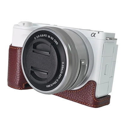 For Sony ZV-E10 II Camera Case Large Opening Genuine Cow Leather Protector with Shoulder Strap