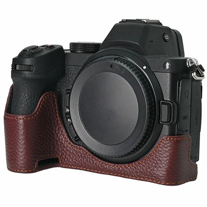 For Nikon Z 5 / Z 6 II / Z 7 II Camera Case Large Opening Genuine Cow Leather Protector with Shoulder Strap