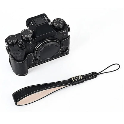 For Fujifilm X-T5 Camera PU Leather Protective Case Battery Opening Design Half Body Cover with Hand Strap