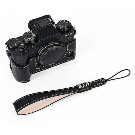 For Fujifilm X-T5 Camera PU Leather Protective Case Battery Opening Design Half Body Cover with Hand Strap