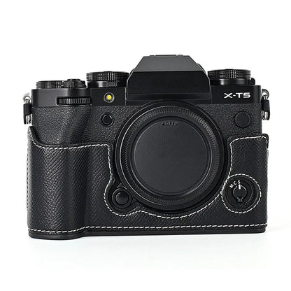For Fujifilm X-T5 Camera PU Leather Protective Case Battery Opening Design Half Body Cover with Hand Strap