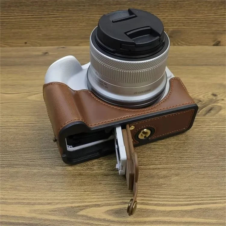 For Canon EOS R50 / R100 PU Leather Bottom Case Half Body Camera Cover with Wrist Strap