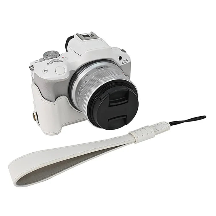 For Canon EOS R50  /  R100 PU Leather Bottom Case Half Body Camera Cover with Wrist Strap