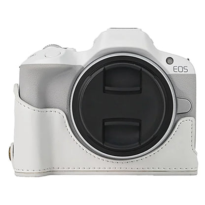 For Canon EOS R50  /  R100 PU Leather Bottom Case Half Body Camera Cover with Wrist Strap