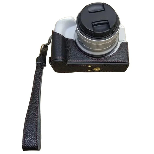 For Canon EOS R50 / R100 Genuine Cow Leather Camera Bottom Case Anti-drop Cover with Wrist Strap