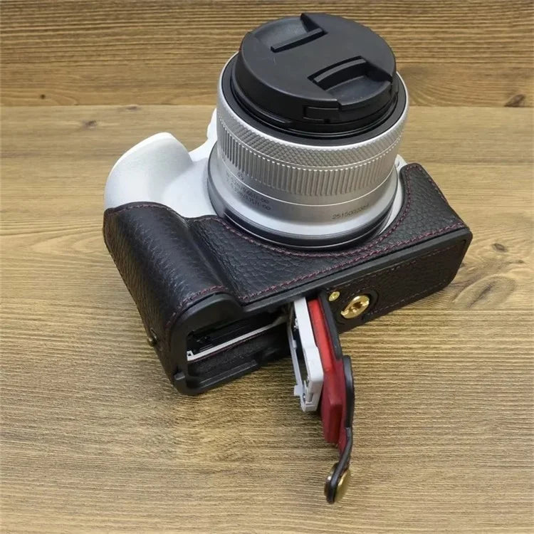 For Canon EOS R50 / R100 Genuine Cow Leather Camera Bottom Case Anti-drop Cover with Wrist Strap
