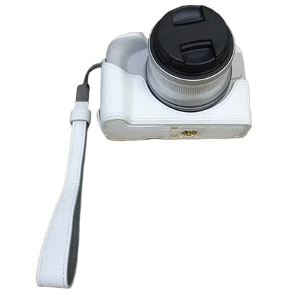 For Canon EOS R50 / R100 Genuine Cow Leather Camera Bottom Case Anti-drop Cover with Wrist Strap