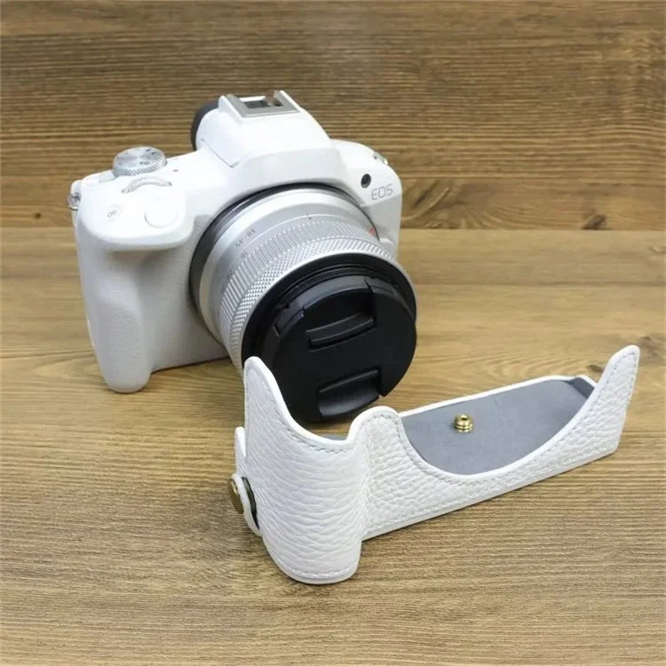 For Canon EOS R50 / R100 Genuine Cow Leather Camera Bottom Case Anti-drop Cover with Wrist Strap