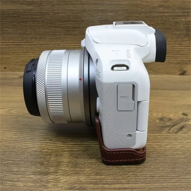 For Canon EOS R50 / R100 Genuine Cow Leather Camera Bottom Case Anti-drop Cover with Wrist Strap