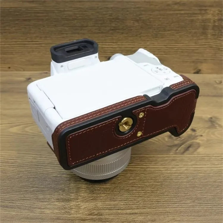For Canon EOS R50 / R100 Genuine Cow Leather Camera Bottom Case Anti-drop Cover with Wrist Strap