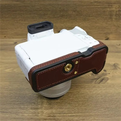 For Canon EOS R50 / R100 Genuine Cow Leather Camera Bottom Case Anti-drop Cover with Wrist Strap