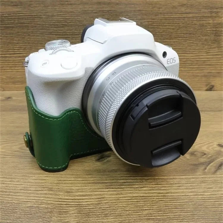 For Canon EOS R50 / R100 Genuine Cow Leather Camera Bottom Case Anti-drop Cover with Wrist Strap