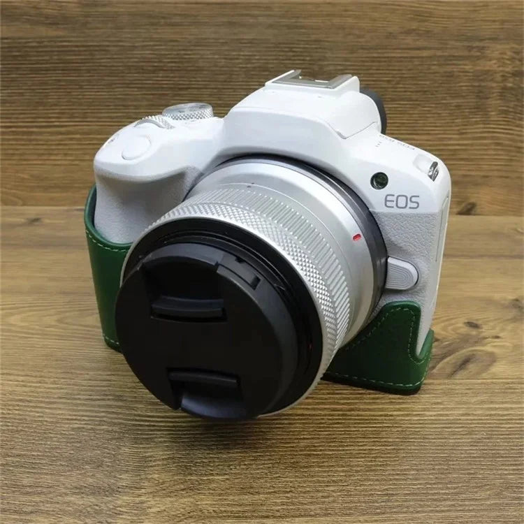 For Canon EOS R50 / R100 Genuine Cow Leather Camera Bottom Case Anti-drop Cover with Wrist Strap