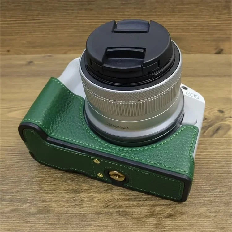 For Canon EOS R50 / R100 Genuine Cow Leather Camera Bottom Case Anti-drop Cover with Wrist Strap