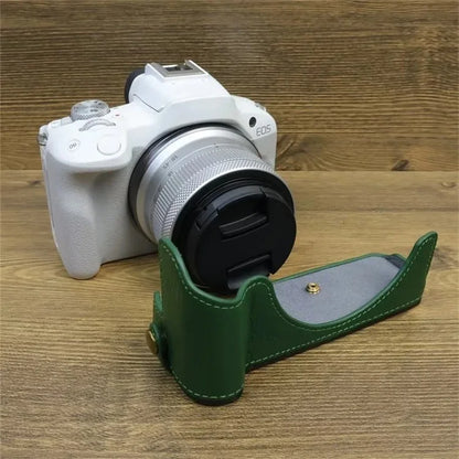 For Canon EOS R50 / R100 Genuine Cow Leather Camera Bottom Case Anti-drop Cover with Wrist Strap