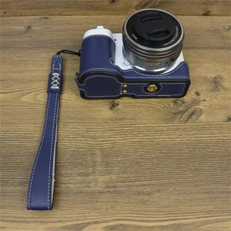 For Sony ZV-E10 PU Leather Bottom Case Battery Opening Design Camera Half Body Cover with Hand Strap