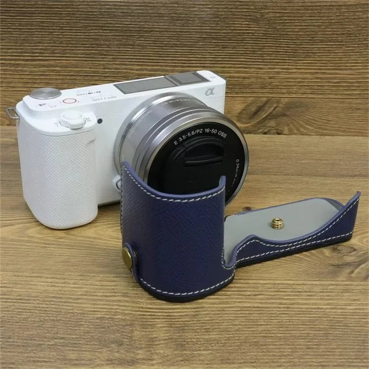 For Sony ZV-E10 PU Leather Bottom Case Battery Opening Design Camera Half Body Cover with Hand Strap