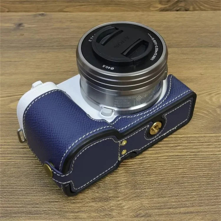 For Sony ZV-E10 PU Leather Bottom Case Battery Opening Design Camera Half Body Cover with Hand Strap